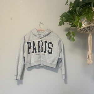 Zara Light Gray Cropped 'PARIS' Zip Hoodie